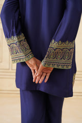 Navy Blue Embroidered Set with Green Organza Dupatta