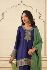 Navy Blue Embroidered Set with Green Organza Dupatta