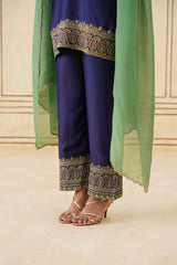 Navy Blue Embroidered Set with Green Organza Dupatta