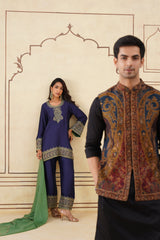 Navy Blue Embroidered Set with Green Organza Dupatta