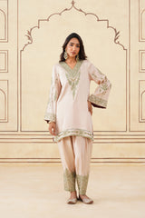 Pastel Embroidered Set with Green Organza Dupatta