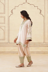 Pastel Embroidered Set with Green Organza Dupatta