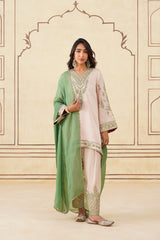 Pastel Embroidered Set with Green Organza Dupatta
