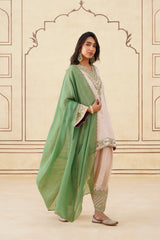 Pastel Embroidered Set with Green Organza Dupatta