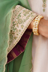 Pastel Embroidered Set with Green Organza Dupatta