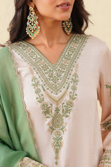 Pastel Embroidered Set with Green Organza Dupatta