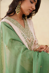 Pastel Embroidered Set with Green Organza Dupatta