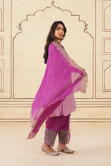 Pink Crush Tissue Hand Embroidered Set with Organza Dupatta-Inching India