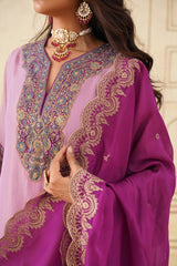 Pink Crush Tissue Hand Embroidered Set with Organza Dupatta-Inching India