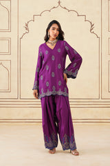 Meher Wine Embroidered Farshi Set with Dupatta-Inching India