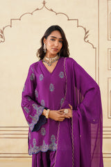 Meher Wine Embroidered Farshi Set with Dupatta-Inching India