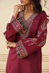 Maroon Embroidered Set with Tonal Organza Dupatta