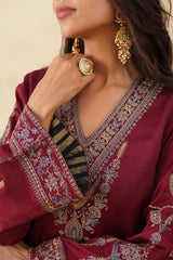 Maroon Embroidered Set with Tonal Organza Dupatta