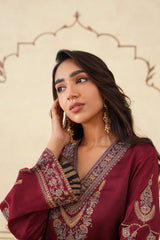 Maroon Embroidered Set with Tonal Organza Dupatta