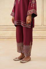 Maroon Embroidered Set with Tonal Organza Dupatta