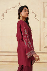Maroon Embroidered Set with Tonal Organza Dupatta