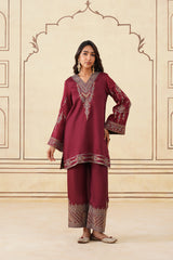 Maroon Embroidered Set with Tonal Organza Dupatta