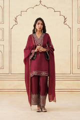 Maroon Embroidered Set with Tonal Organza Dupatta