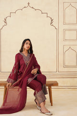 Maroon Embroidered Set with Tonal Organza Dupatta