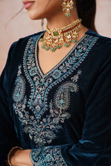 Aafreen Teal Blue Velvet Embroidered Set