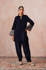 Navy Crush Velvet Suit with Kaani Zari Dupatta