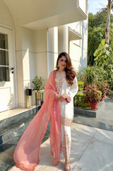 Noor Cream Embroidered Set with Organza Dupatta- Inching India