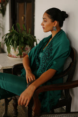Bottle Green Embroidered Cape Set- Inching India