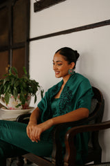 Bottle Green Embroidered Cape Set- Inching India
