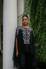 Black Embroidered Organza Cape Set For Women