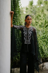 Black Embroidered Organza Cape Set For Women