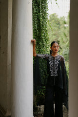 Black Embroidered Organza Cape Set For Women