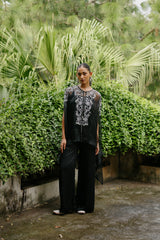 Black Embroidered Organza Cape Set For Women