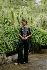 Black Embroidered Organza Cape Set For Women