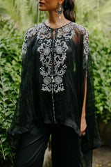 Black Embroidered Organza Cape Set For Women