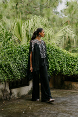 Black Embroidered Organza Cape Set For Women