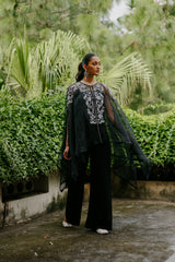 Black Embroidered Organza Cape Set For Women