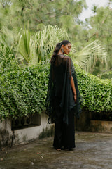 Black Embroidered Organza Cape Set For Women