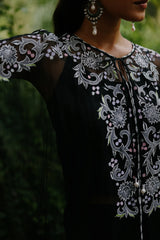 Black Embroidered Organza Cape Set For Women