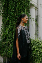 Black Embroidered Organza Cape Set For Women