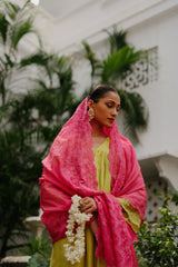 Green Suit Set with Pink Dupatta For Women's