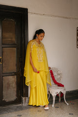 Yellow Organza Cape Set with Sharara for Women