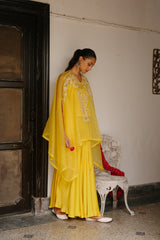 Yellow Organza Cape Set with Sharara for Women