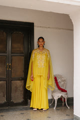 Yellow Organza Cape Set with Sharara for Women