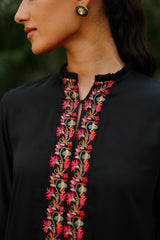 Multicolored Embroidered Black Suit Set with Organza Accents