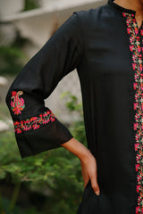 Multicolored Embroidered Black Suit Set with Organza Accents