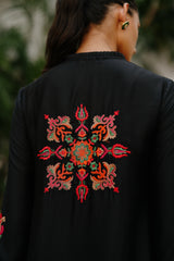 Multicolored Embroidered Black Suit Set with Organza Accents