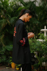 Multicolored Embroidered Black Suit Set with Organza Accents