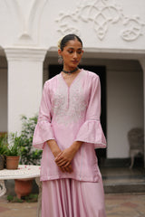 Light Pink Hand Embroidered Sharara suit Set- Inchingindia