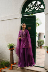 Wine Hand Embroidered Sharara Set- Inching India