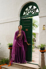 Wine Hand Embroidered Sharara Set- Inching India